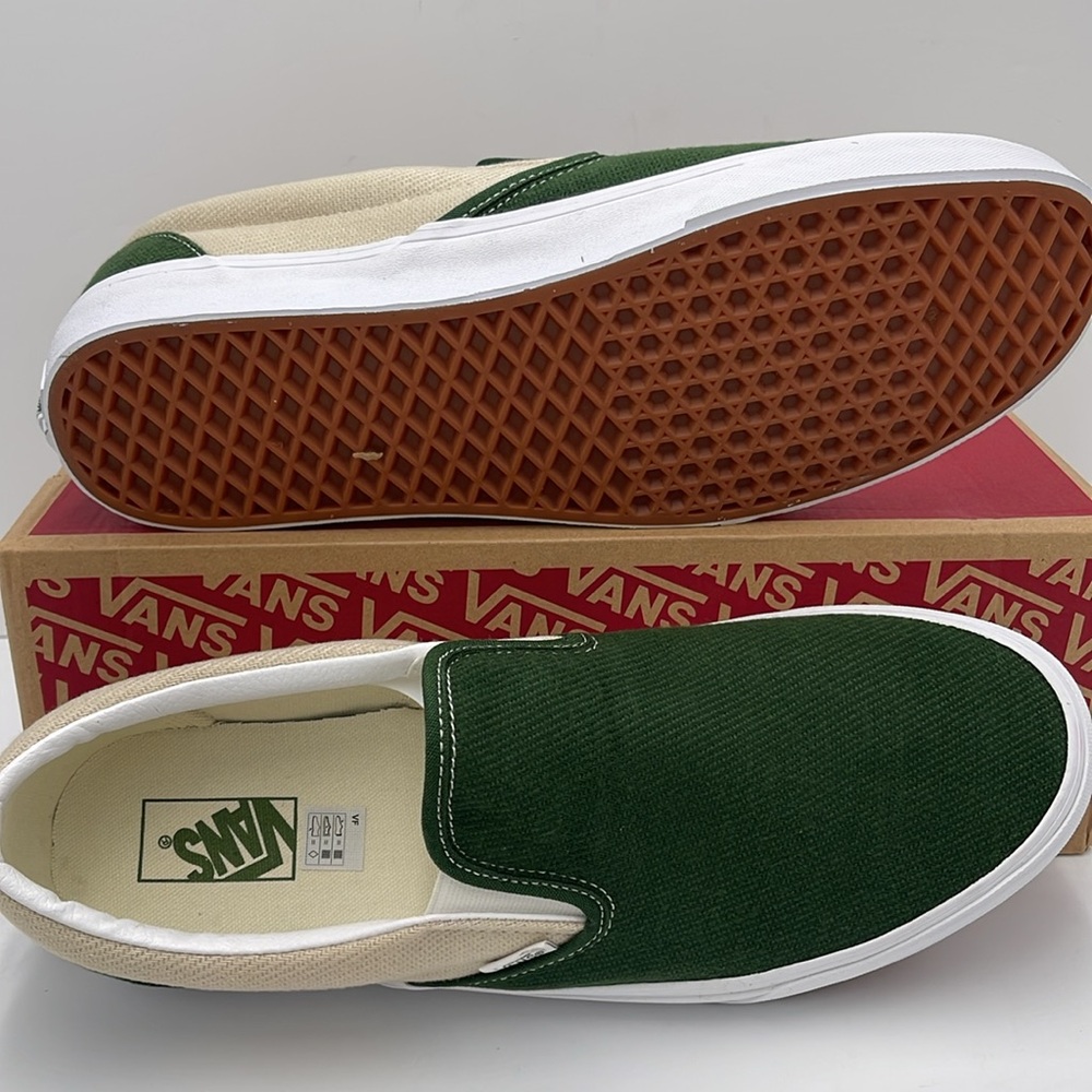 Vans Men’s Green and Cream Slip-On Sneakers 
Twill Turtledove/Green VN0A5JLXCOB - Picture 3 of 16